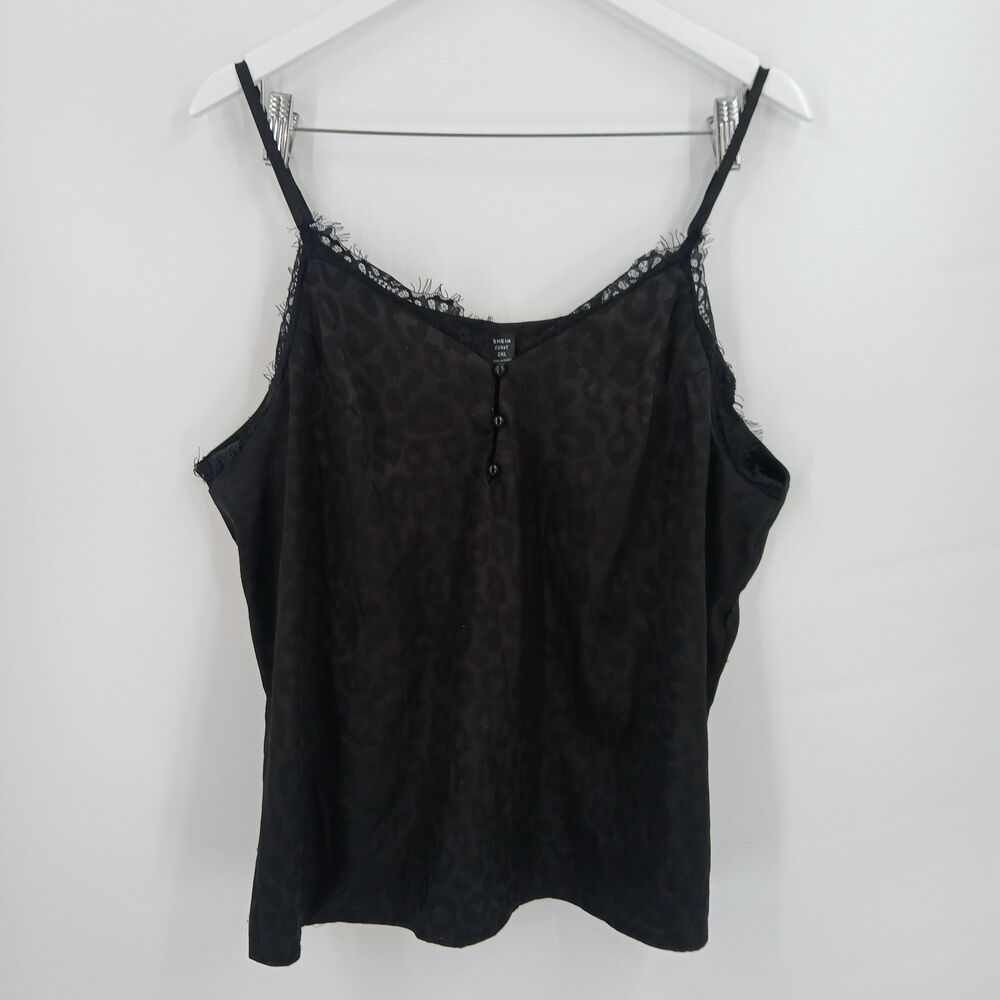 womans SHEIN CURVE Black Lace Trim V-Neck Spaghetti Strap Cami Top Size 2XL